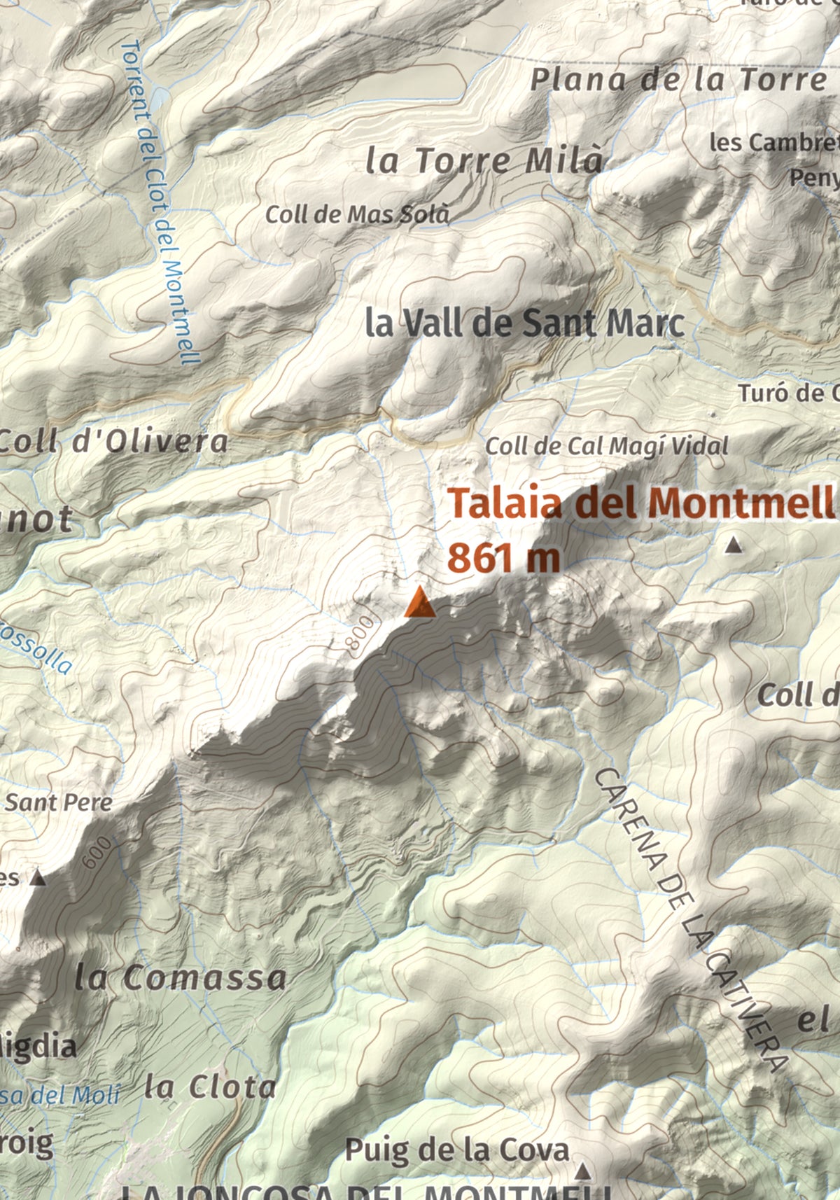 Mapa de relieve de Talaia del Montmell, 861 m, Baix Penedès, lámina 100 Cims de Trobart. Detalle de la zona central. 21 × 30 cm.