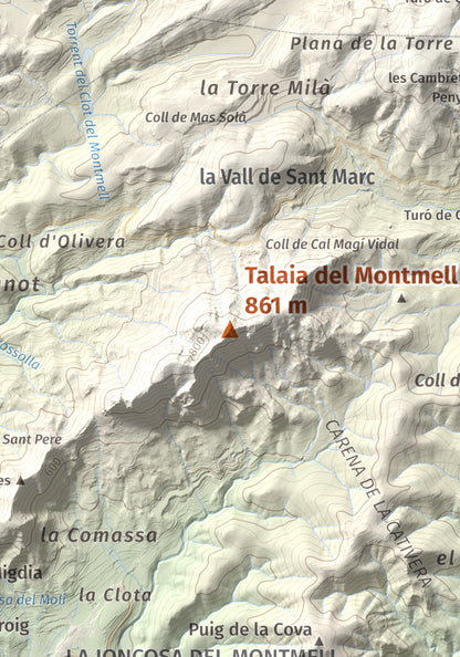 Mapa de relieve de Talaia del Montmell, 861 m, Baix Penedès, lámina 100 Cims de Trobart. Detalle de la zona central. 21 × 30 cm.