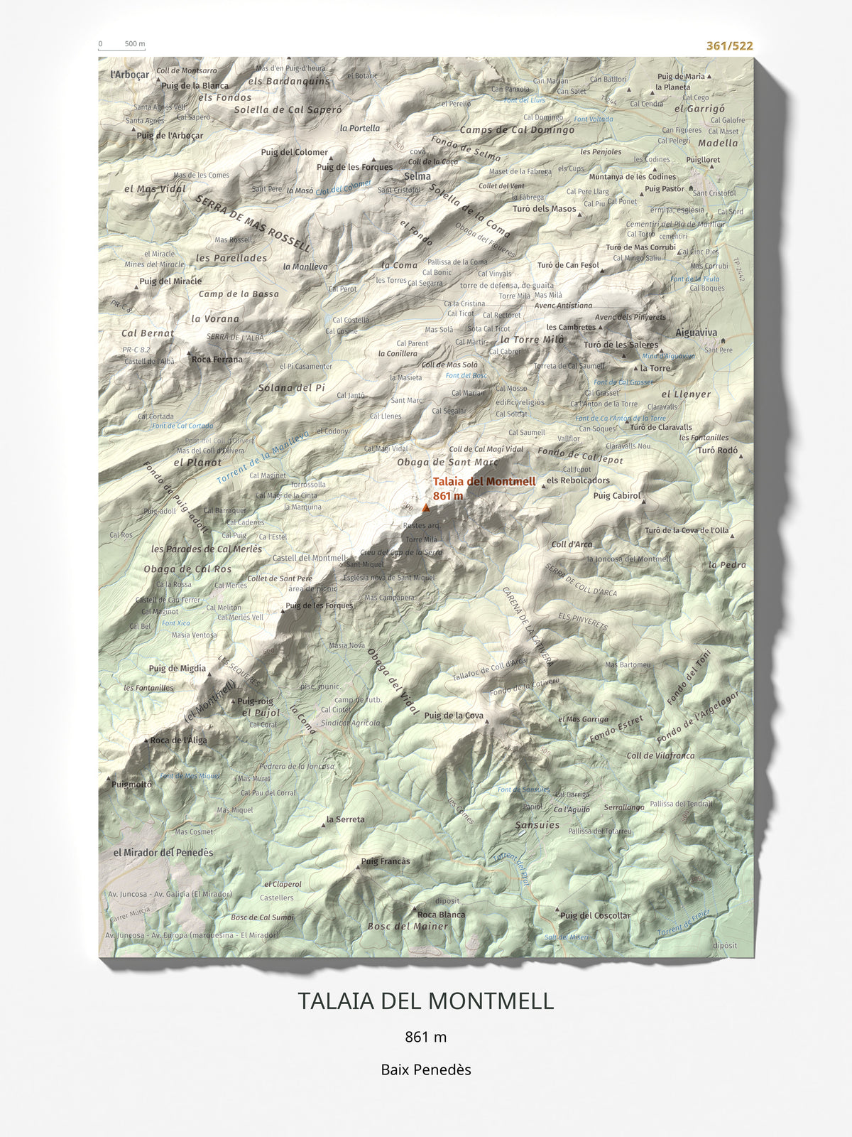 Mapa de relieve de Talaia del Montmell, 861 m, Baix Penedès, lámina 100 Cims de Trobart 30 × 40 cm.