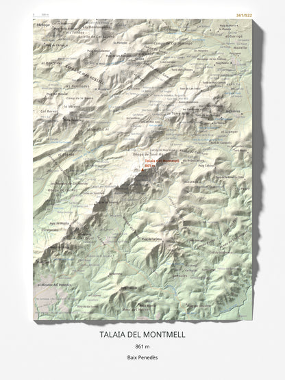 Mapa de relieve de Talaia del Montmell, 861 m, Baix Penedès, lámina 100 Cims de Trobart 30 × 40 cm.