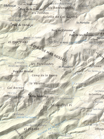 Mapa de relieve de Talaia del Montmell, 861 m, Baix Penedès, lámina 100 Cims de Trobart. Detalle de la zona superior izquierda. 30 × 40 cm.