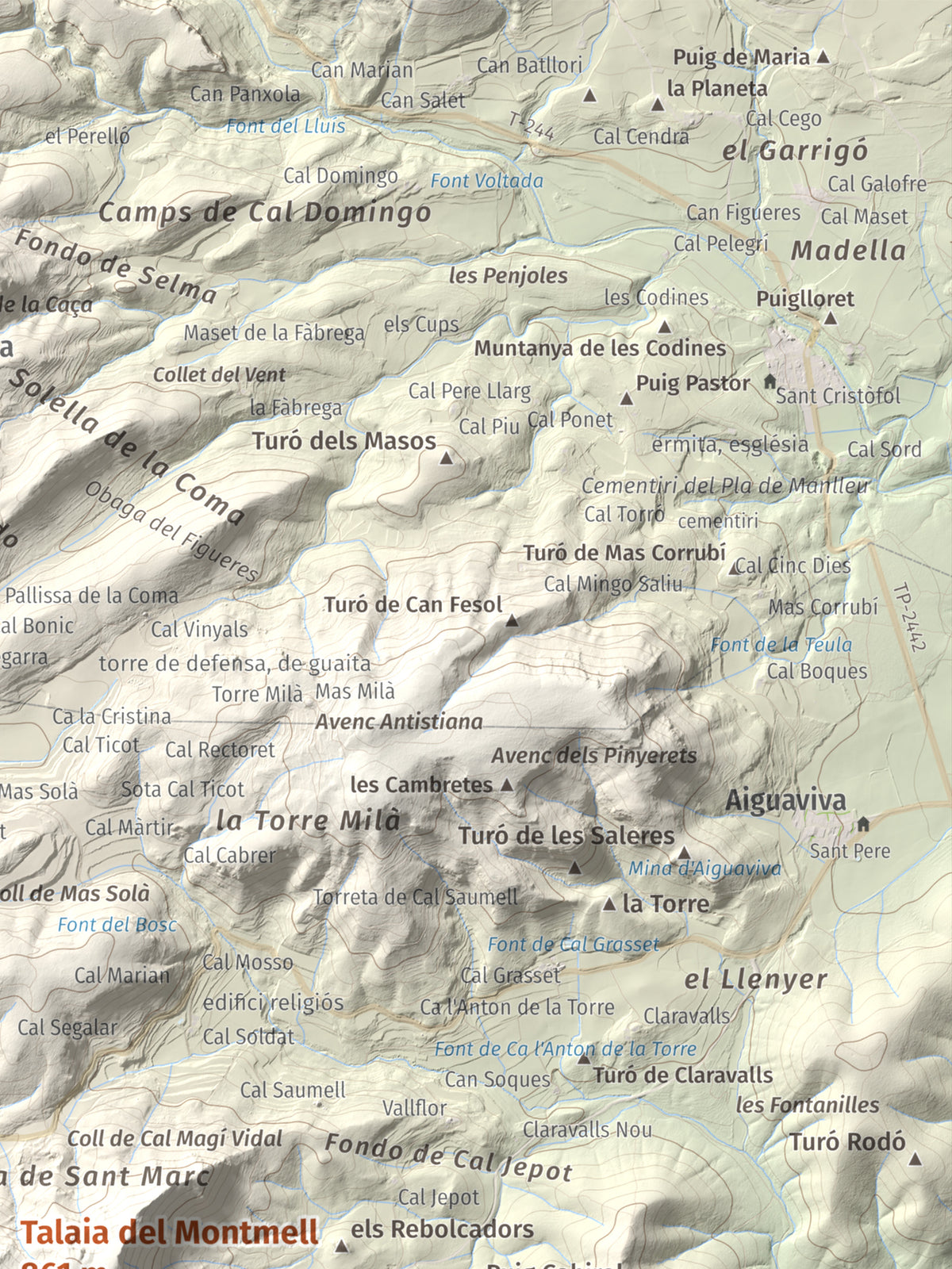 Mapa de relieve de Talaia del Montmell, 861 m, Baix Penedès, lámina 100 Cims de Trobart. Detalle de la zona superior derecha. 30 × 40 cm.