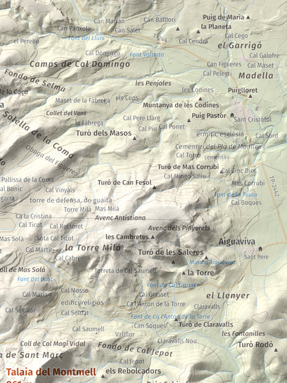 Mapa de relieve de Talaia del Montmell, 861 m, Baix Penedès, lámina 100 Cims de Trobart. Detalle de la zona superior derecha. 30 × 40 cm.
