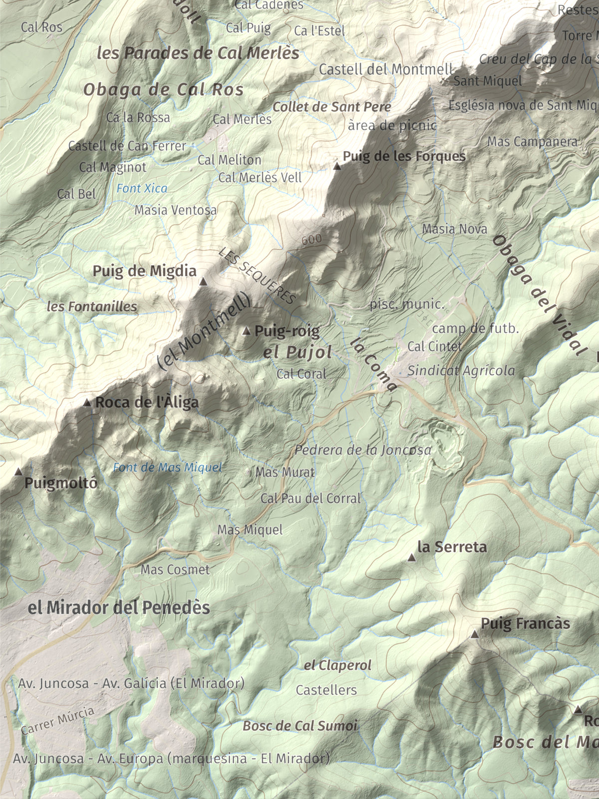 Mapa de relieve de Talaia del Montmell, 861 m, Baix Penedès, lámina 100 Cims de Trobart. Detalle de la zona inferior izquierda. 30 × 40 cm.