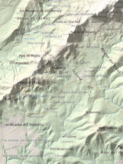 Mapa de relieve de Talaia del Montmell, 861 m, Baix Penedès, lámina 100 Cims de Trobart. Detalle de la zona inferior izquierda. 30 × 40 cm.