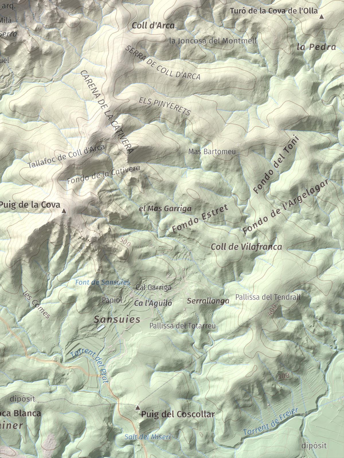 Mapa de relieve de Talaia del Montmell, 861 m, Baix Penedès, lámina 100 Cims de Trobart. Detalle de la zona inferior derecha. 30 × 40 cm.