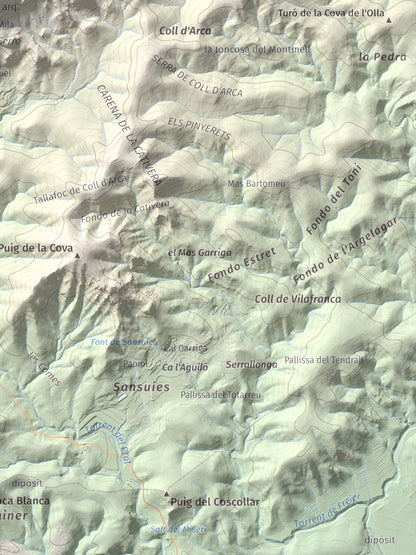 Mapa de relieve de Talaia del Montmell, 861 m, Baix Penedès, lámina 100 Cims de Trobart. Detalle de la zona inferior derecha. 30 × 40 cm.