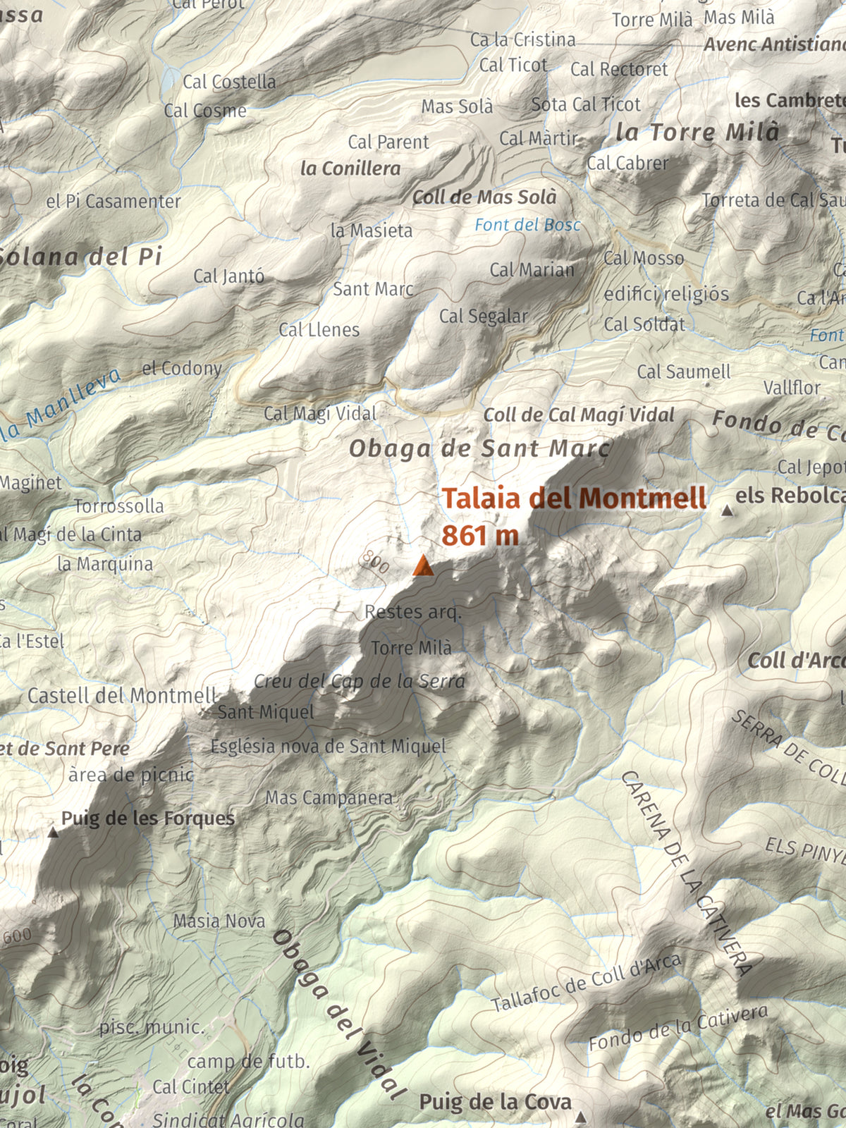 Mapa de relieve de Talaia del Montmell, 861 m, Baix Penedès, lámina 100 Cims de Trobart. Detalle de la zona central. 30 × 40 cm.