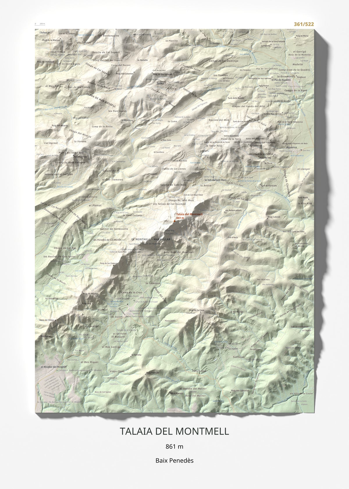 Mapa de relieve de Talaia del Montmell, 861 m, Baix Penedès, lámina 100 Cims de Trobart 50 × 70 cm.