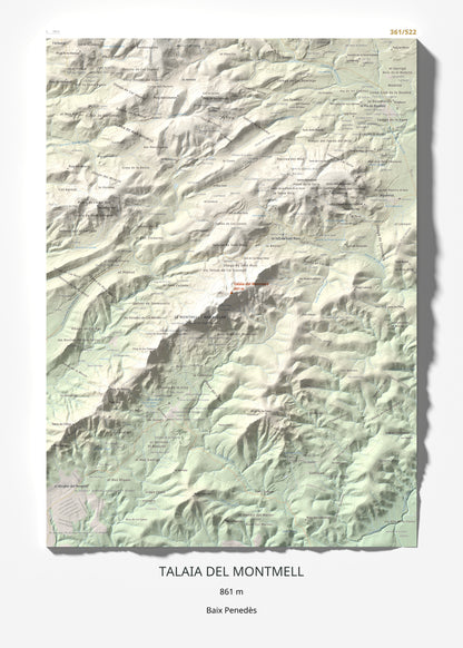 Mapa de relieve de Talaia del Montmell, 861 m, Baix Penedès, lámina 100 Cims de Trobart 50 × 70 cm.