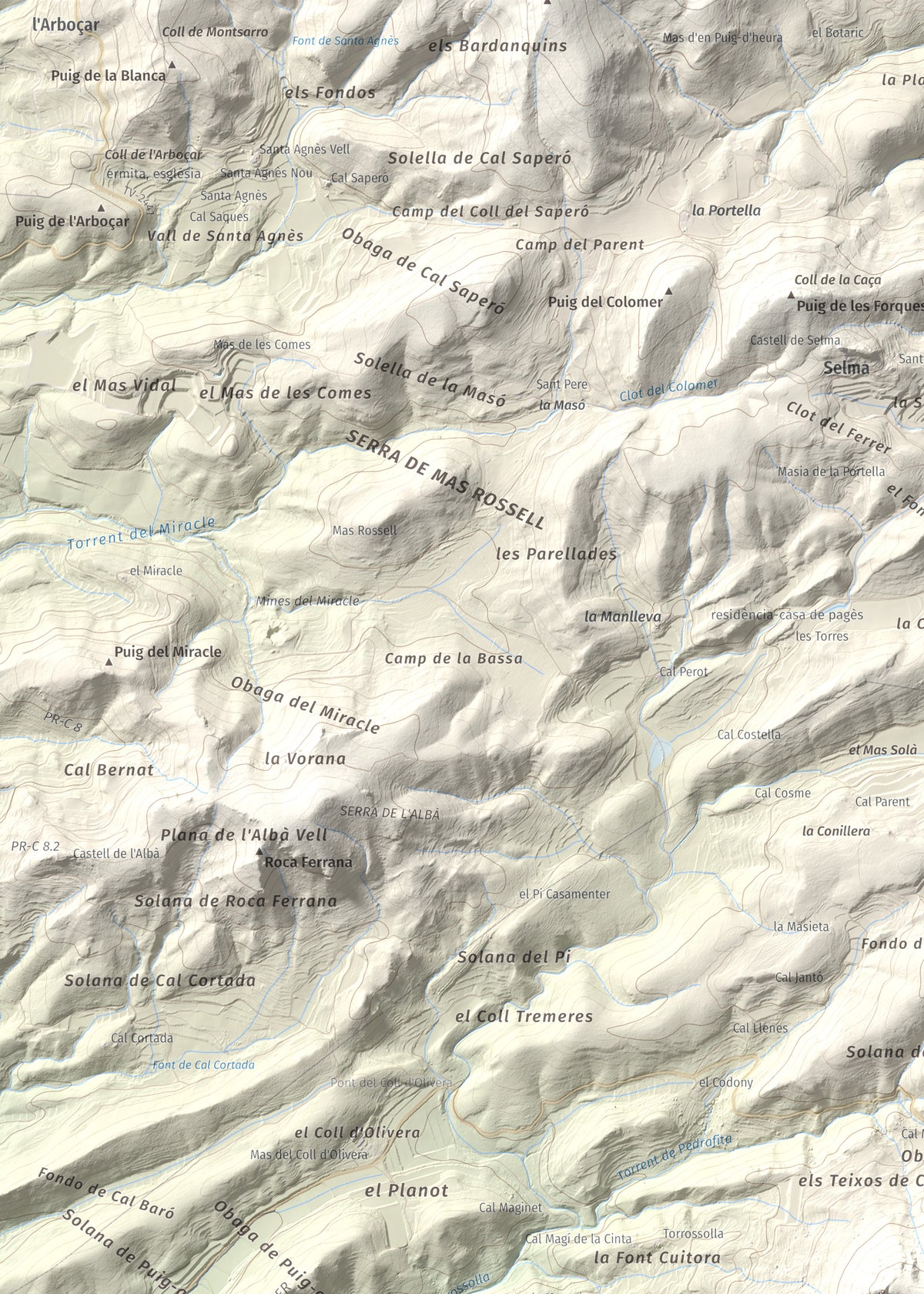 Mapa de relieve de Talaia del Montmell, 861 m, Baix Penedès, lámina 100 Cims de Trobart. Detalle de la zona superior izquierda. 50 × 70 cm.