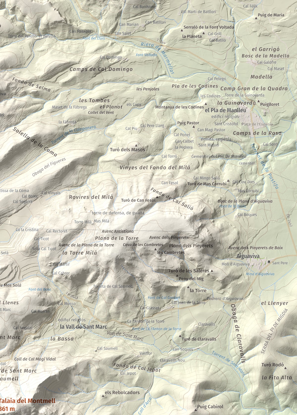 Mapa de relieve de Talaia del Montmell, 861 m, Baix Penedès, lámina 100 Cims de Trobart. Detalle de la zona superior derecha. 50 × 70 cm.