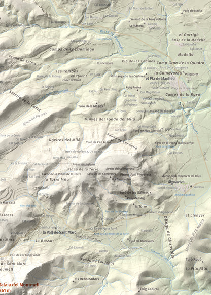 Mapa de relieve de Talaia del Montmell, 861 m, Baix Penedès, lámina 100 Cims de Trobart. Detalle de la zona superior derecha. 50 × 70 cm.