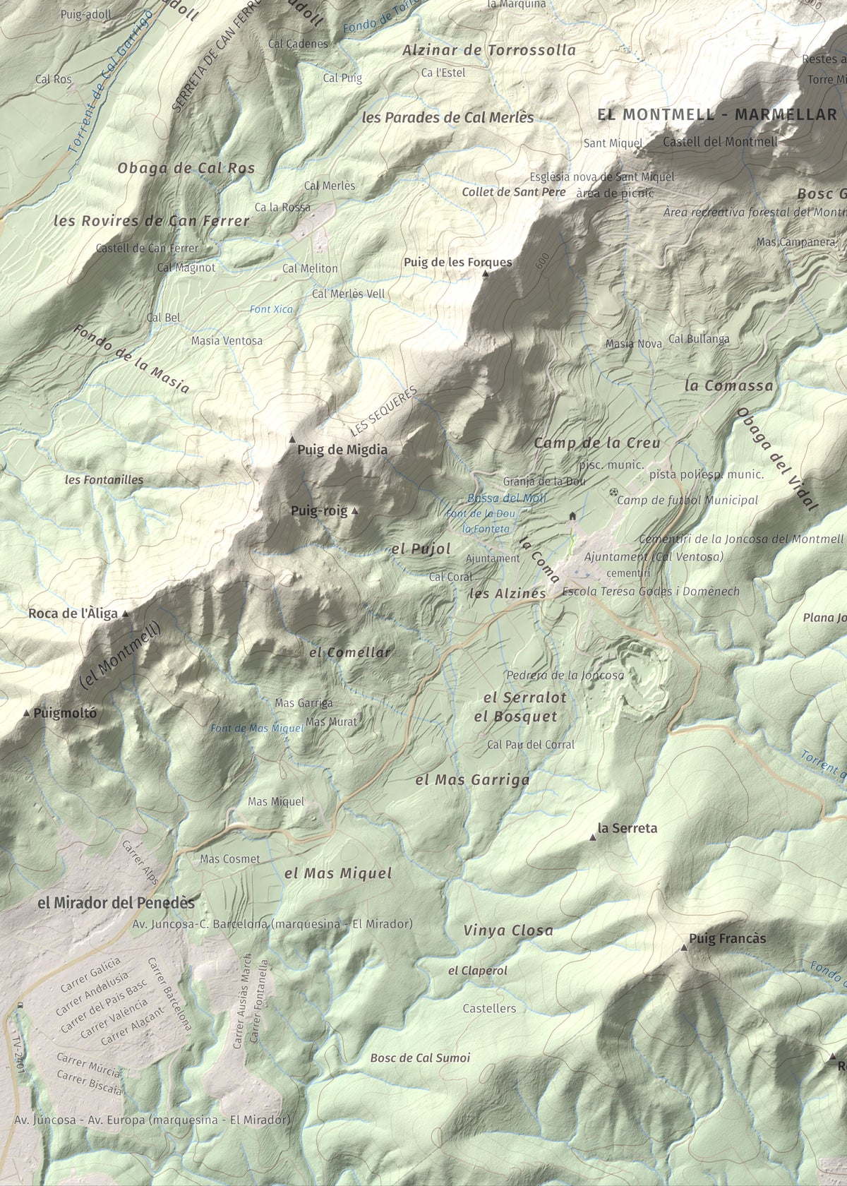 Mapa de relieve de Talaia del Montmell, 861 m, Baix Penedès, lámina 100 Cims de Trobart. Detalle de la zona inferior izquierda. 50 × 70 cm.