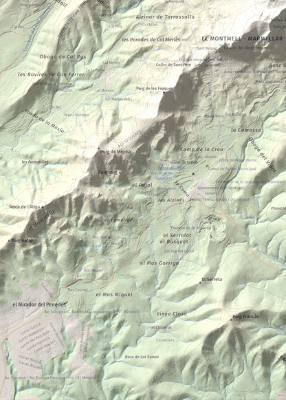 Mapa de relieve de Talaia del Montmell, 861 m, Baix Penedès, lámina 100 Cims de Trobart. Detalle de la zona inferior izquierda. 50 × 70 cm.