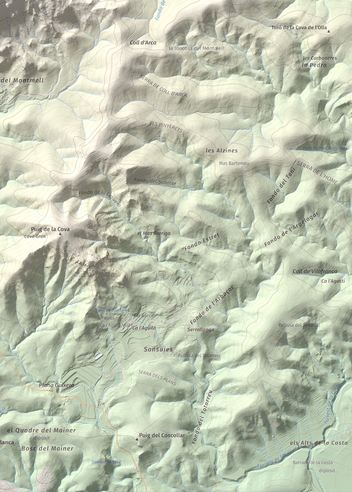 Mapa de relieve de Talaia del Montmell, 861 m, Baix Penedès, lámina 100 Cims de Trobart. Detalle de la zona inferior derecha. 50 × 70 cm.