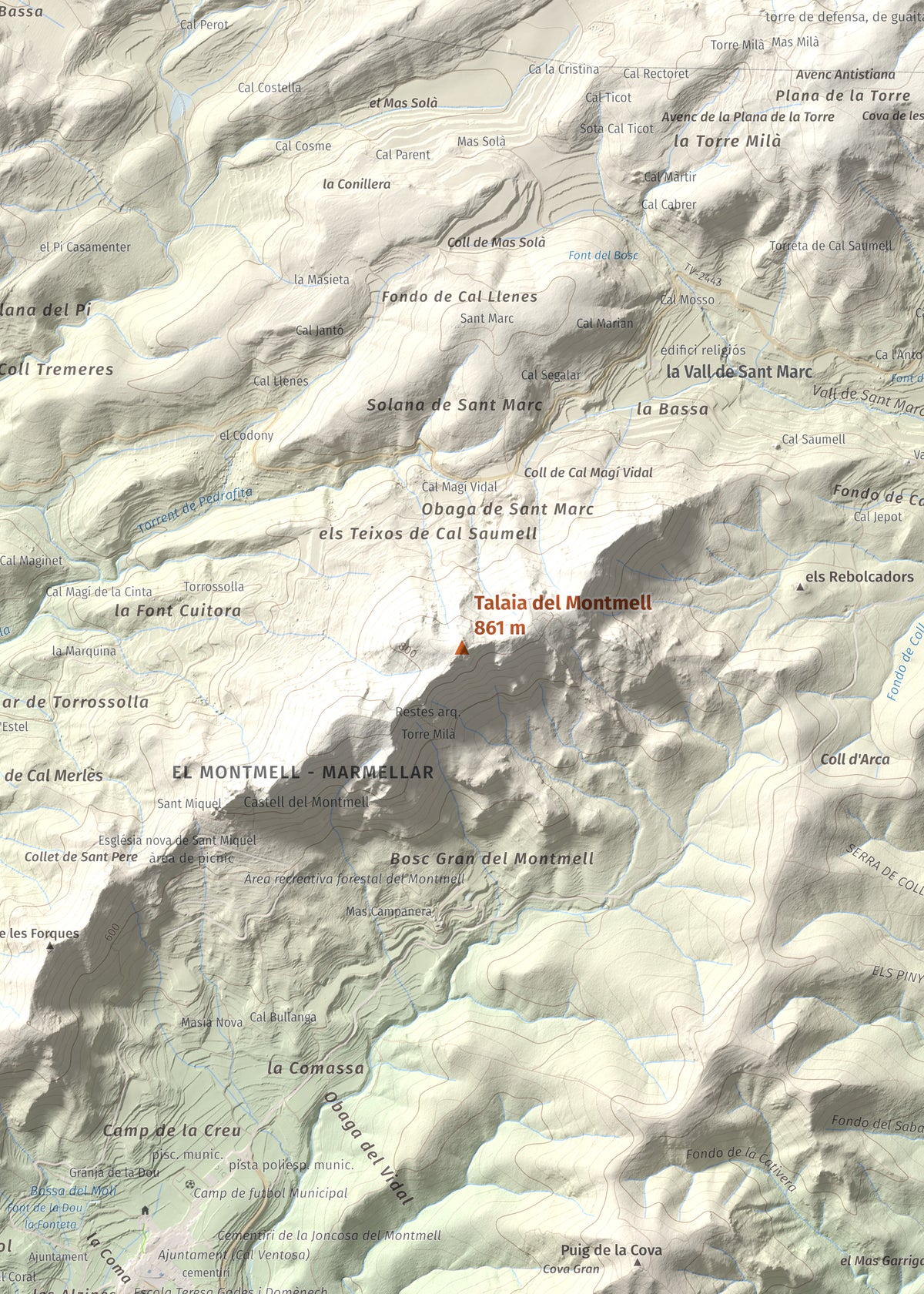 Mapa de relieve de Talaia del Montmell, 861 m, Baix Penedès, lámina 100 Cims de Trobart. Detalle de la zona central. 50 × 70 cm.