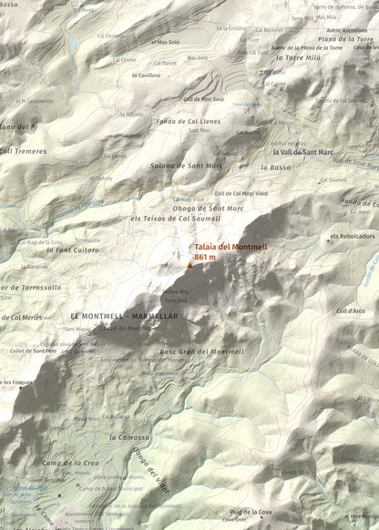 Mapa de relieve de Talaia del Montmell, 861 m, Baix Penedès, lámina 100 Cims de Trobart. Detalle de la zona central. 50 × 70 cm.