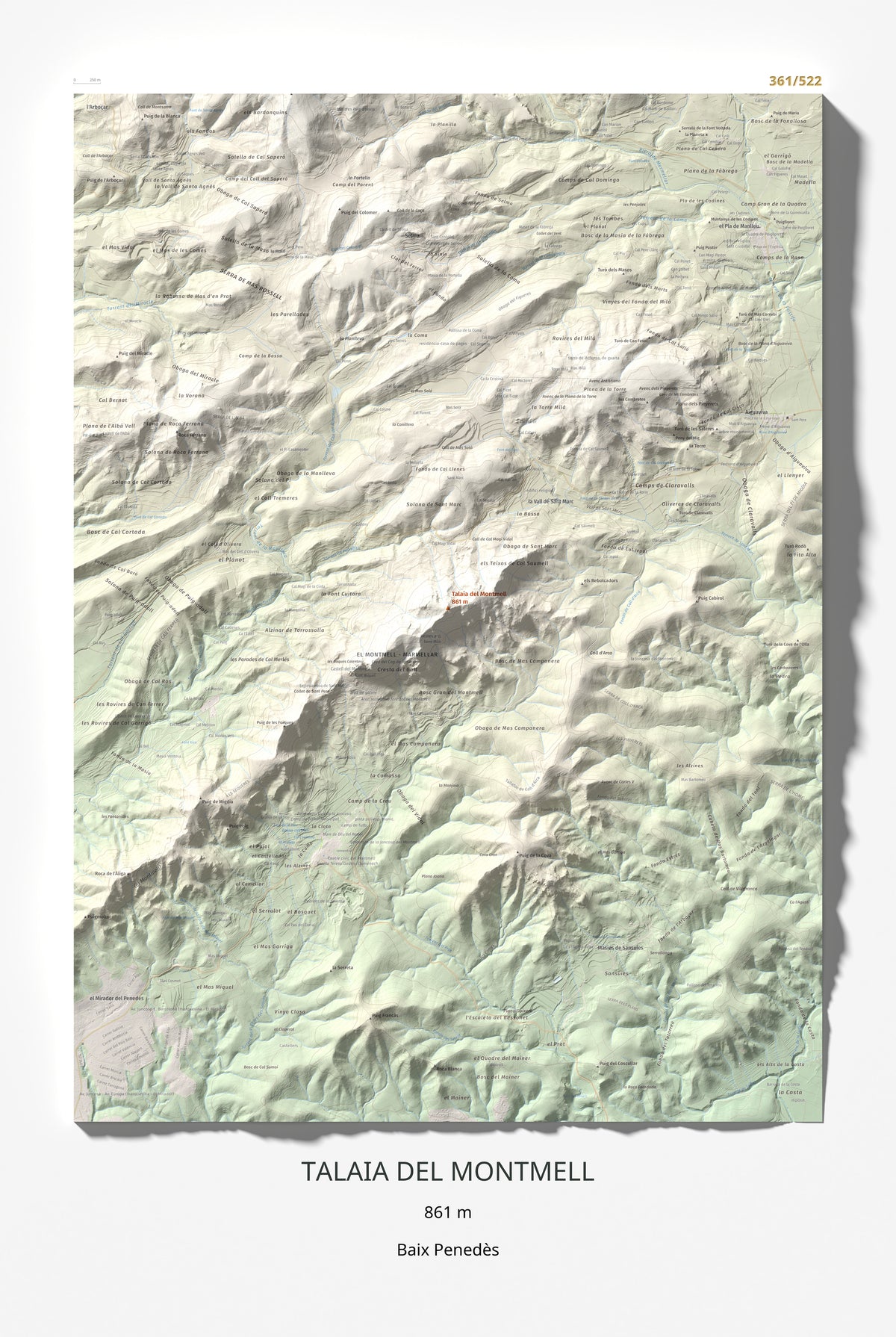 Mapa de relieve de Talaia del Montmell, 861 m, Baix Penedès, lámina 100 Cims de Trobart 61 × 91 cm.