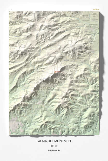 Mapa de relieve de Talaia del Montmell, 861 m, Baix Penedès, lámina 100 Cims de Trobart 61 × 91 cm.