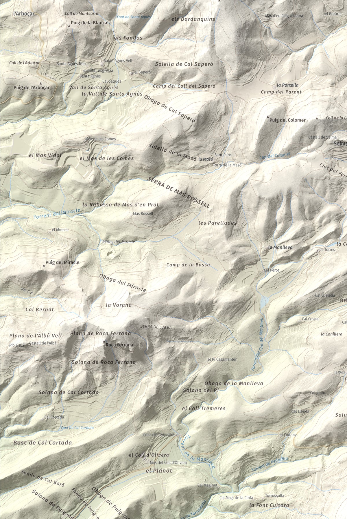 Mapa de relieve de Talaia del Montmell, 861 m, Baix Penedès, lámina 100 Cims de Trobart. Detalle de la zona superior izquierda. 61 × 91 cm.