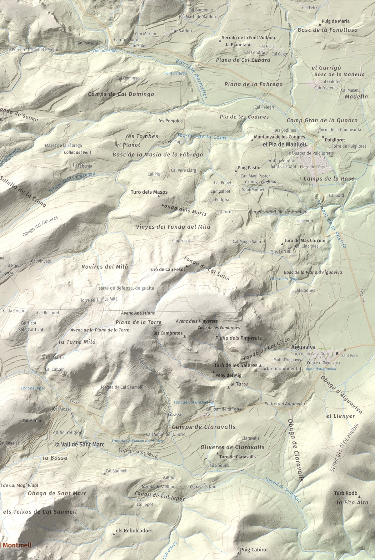 Mapa de relieve de Talaia del Montmell, 861 m, Baix Penedès, lámina 100 Cims de Trobart. Detalle de la zona superior derecha. 61 × 91 cm.