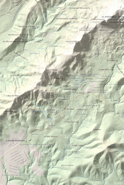 Mapa de relieve de Talaia del Montmell, 861 m, Baix Penedès, lámina 100 Cims de Trobart. Detalle de la zona inferior izquierda. 61 × 91 cm.