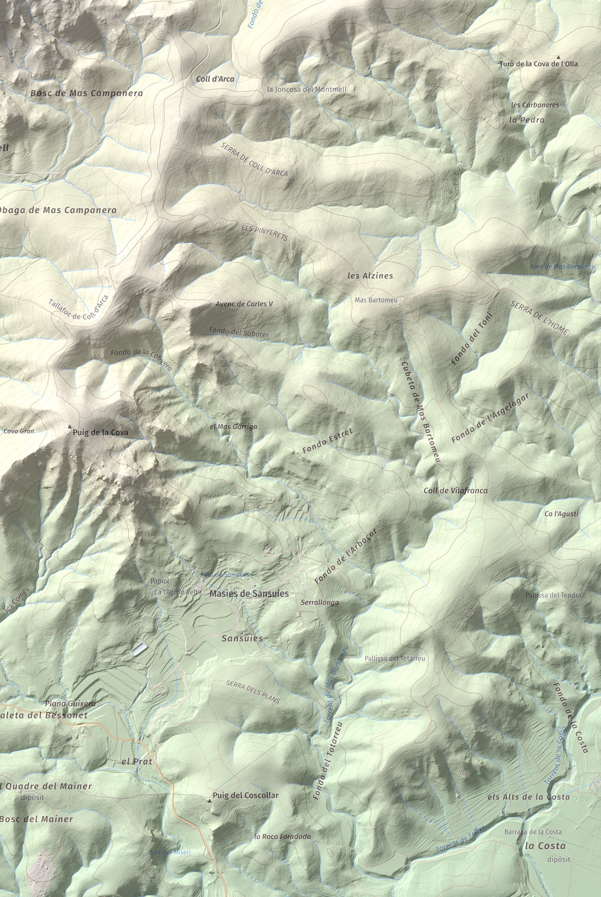 Mapa de relieve de Talaia del Montmell, 861 m, Baix Penedès, lámina 100 Cims de Trobart. Detalle de la zona inferior derecha. 61 × 91 cm.