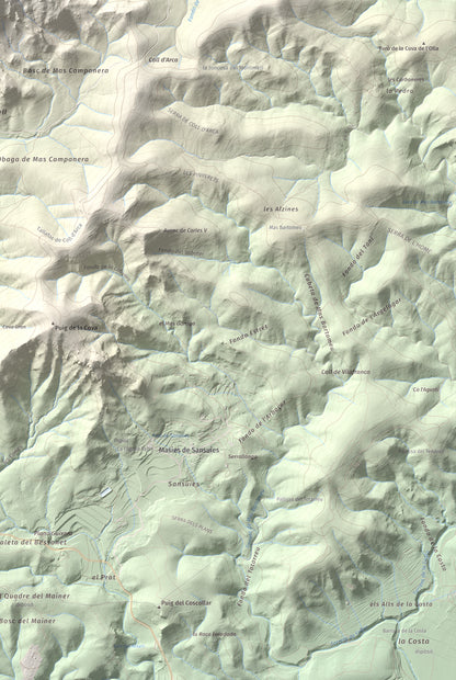 Mapa de relieve de Talaia del Montmell, 861 m, Baix Penedès, lámina 100 Cims de Trobart. Detalle de la zona inferior derecha. 61 × 91 cm.