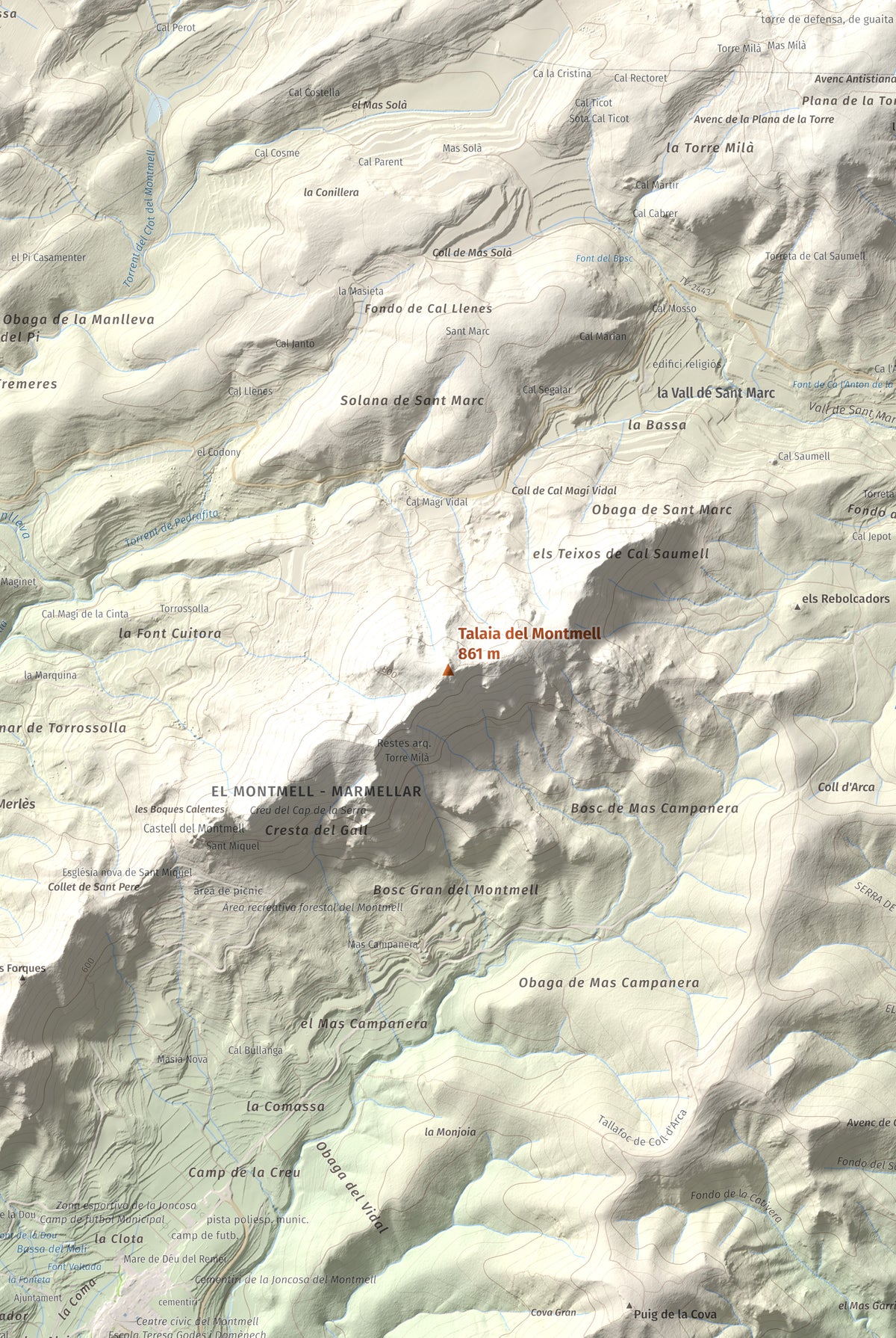 Mapa de relieve de Talaia del Montmell, 861 m, Baix Penedès, lámina 100 Cims de Trobart. Detalle de la zona central. 61 × 91 cm.