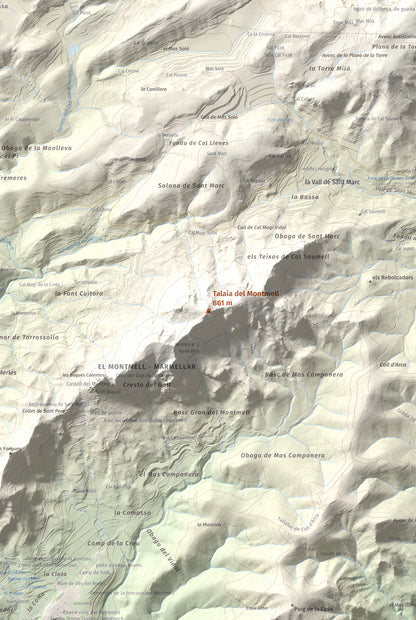 Mapa de relieve de Talaia del Montmell, 861 m, Baix Penedès, lámina 100 Cims de Trobart. Detalle de la zona central. 61 × 91 cm.