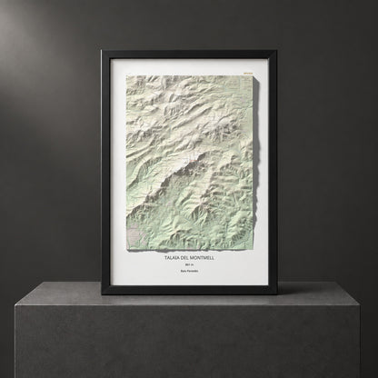 Mapa de relieve de Talaia del Montmell, 861 m, Baix Penedès, lámina 100 Cims de Trobart. Presentación enmarcada. 70 × 100 cm.