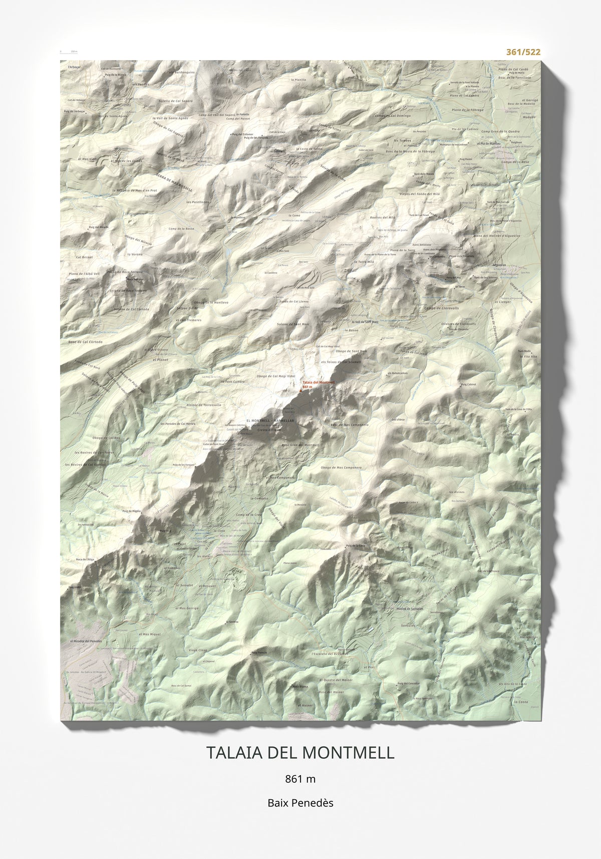 Mapa de relieve de Talaia del Montmell, 861 m, Baix Penedès, lámina 100 Cims de Trobart 70 × 100 cm.