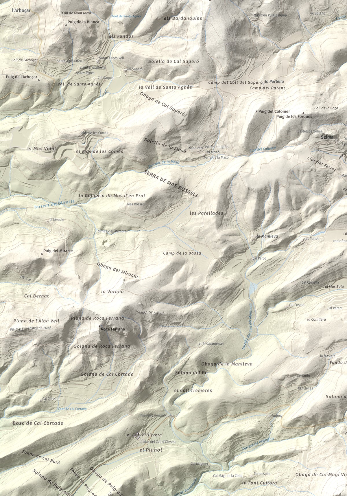 Mapa de relieve de Talaia del Montmell, 861 m, Baix Penedès, lámina 100 Cims de Trobart. Detalle de la zona superior izquierda. 70 × 100 cm.