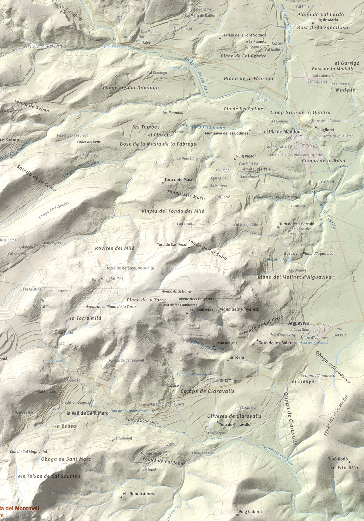 Mapa de relieve de Talaia del Montmell, 861 m, Baix Penedès, lámina 100 Cims de Trobart. Detalle de la zona superior derecha. 70 × 100 cm.