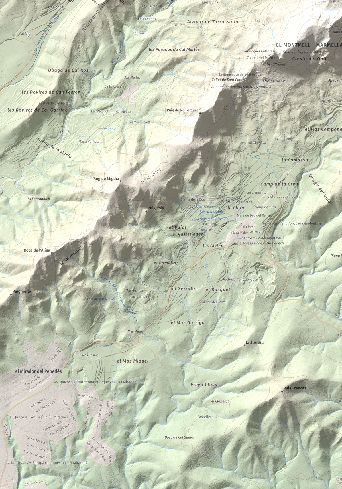 Mapa de relieve de Talaia del Montmell, 861 m, Baix Penedès, lámina 100 Cims de Trobart. Detalle de la zona inferior izquierda. 70 × 100 cm.