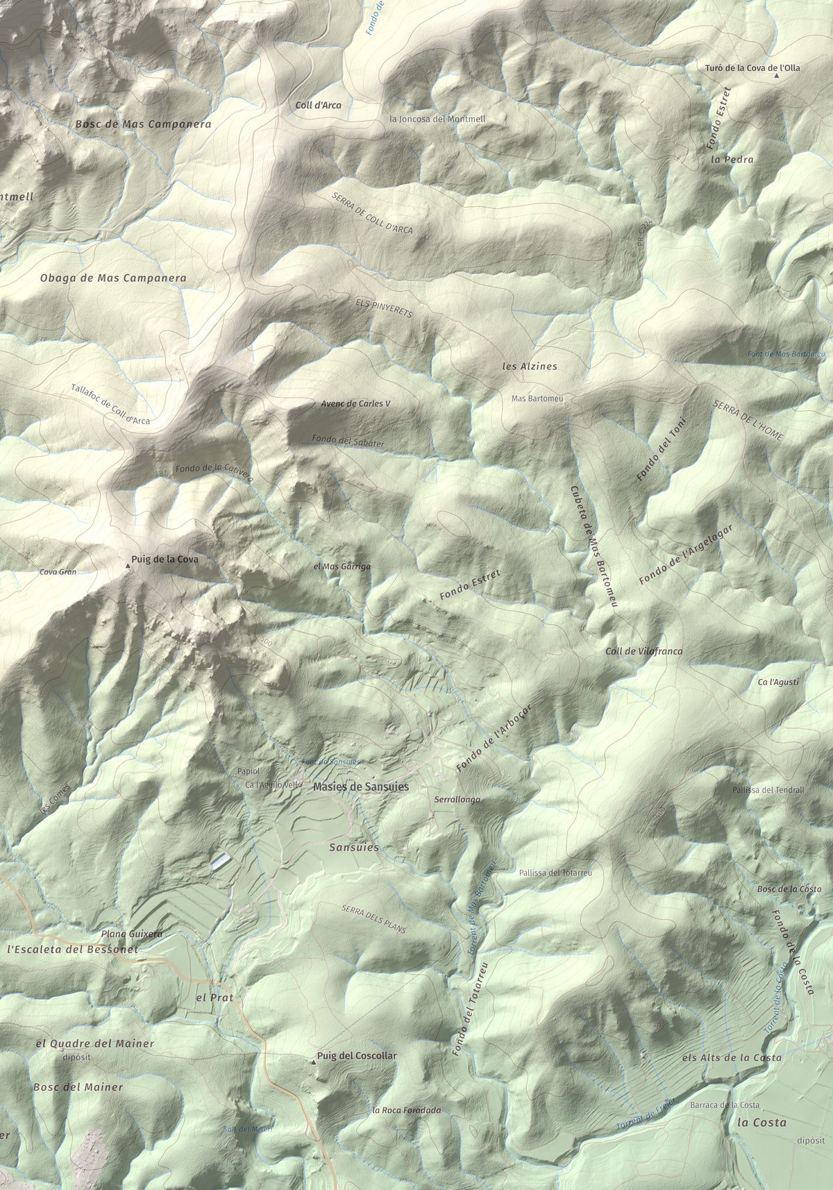 Mapa de relieve de Talaia del Montmell, 861 m, Baix Penedès, lámina 100 Cims de Trobart. Detalle de la zona inferior derecha. 70 × 100 cm.