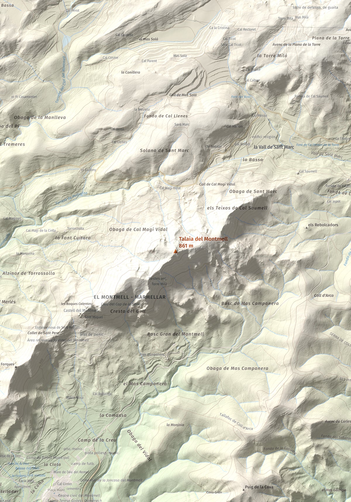 Mapa de relieve de Talaia del Montmell, 861 m, Baix Penedès, lámina 100 Cims de Trobart. Detalle de la zona central. 70 × 100 cm.