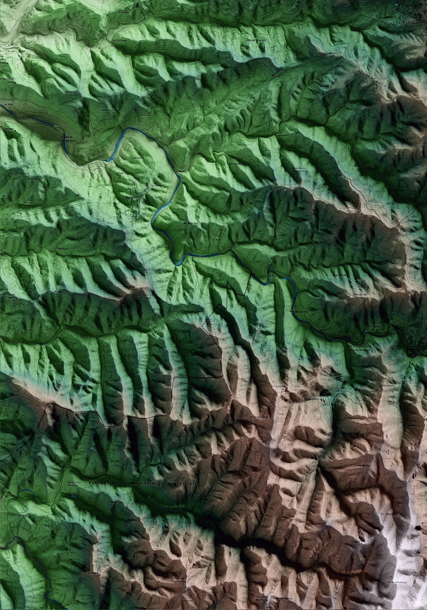 Mapa artístico del relieve de Talamanca, al Bages, con 15 km de entorno y base topográfica ICGC. Detalle de la zona inferior izquierda.