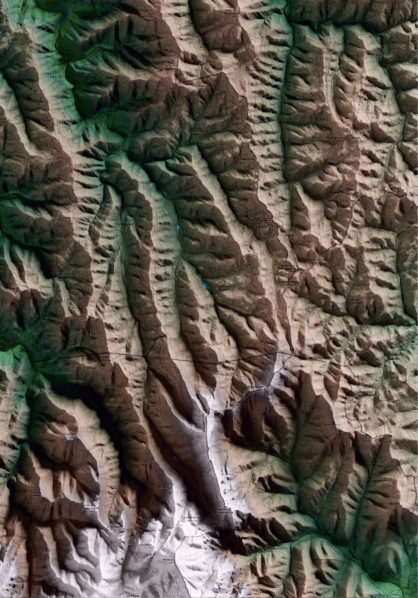 Mapa artístico del relieve de Talamanca, al Bages, con 15 km de entorno y base topográfica ICGC. Detalle de la zona inferior derecha.