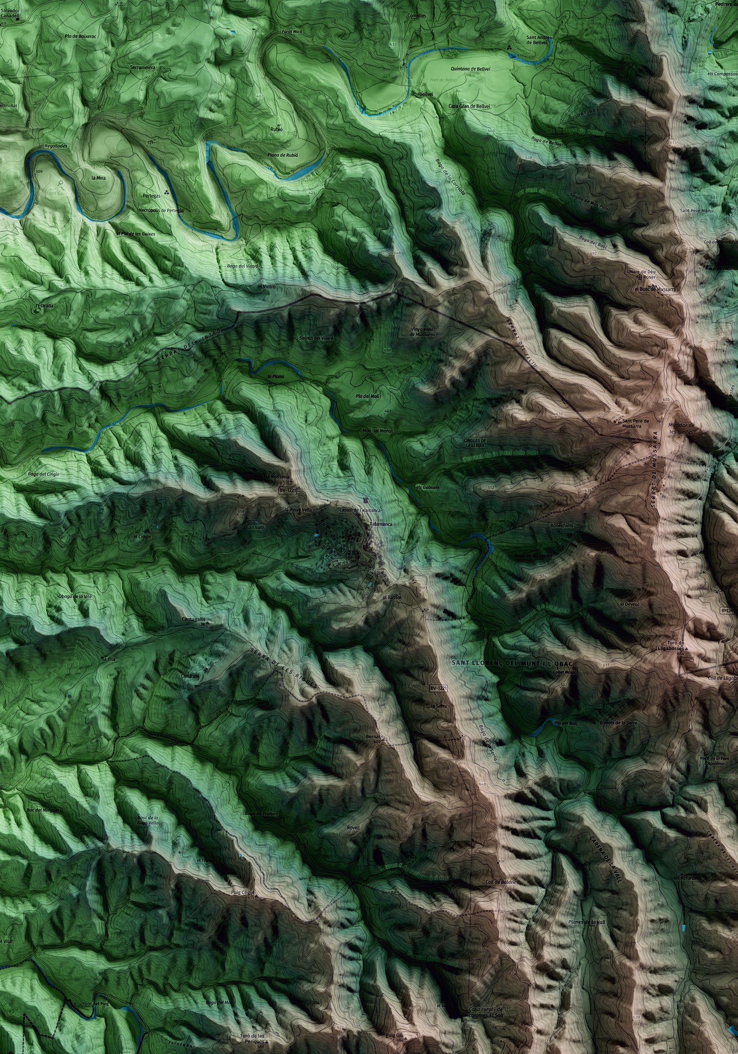 Mapa artístico del relieve de Talamanca, al Bages, con 15 km de entorno y base topográfica ICGC. Detalle de la zona central.