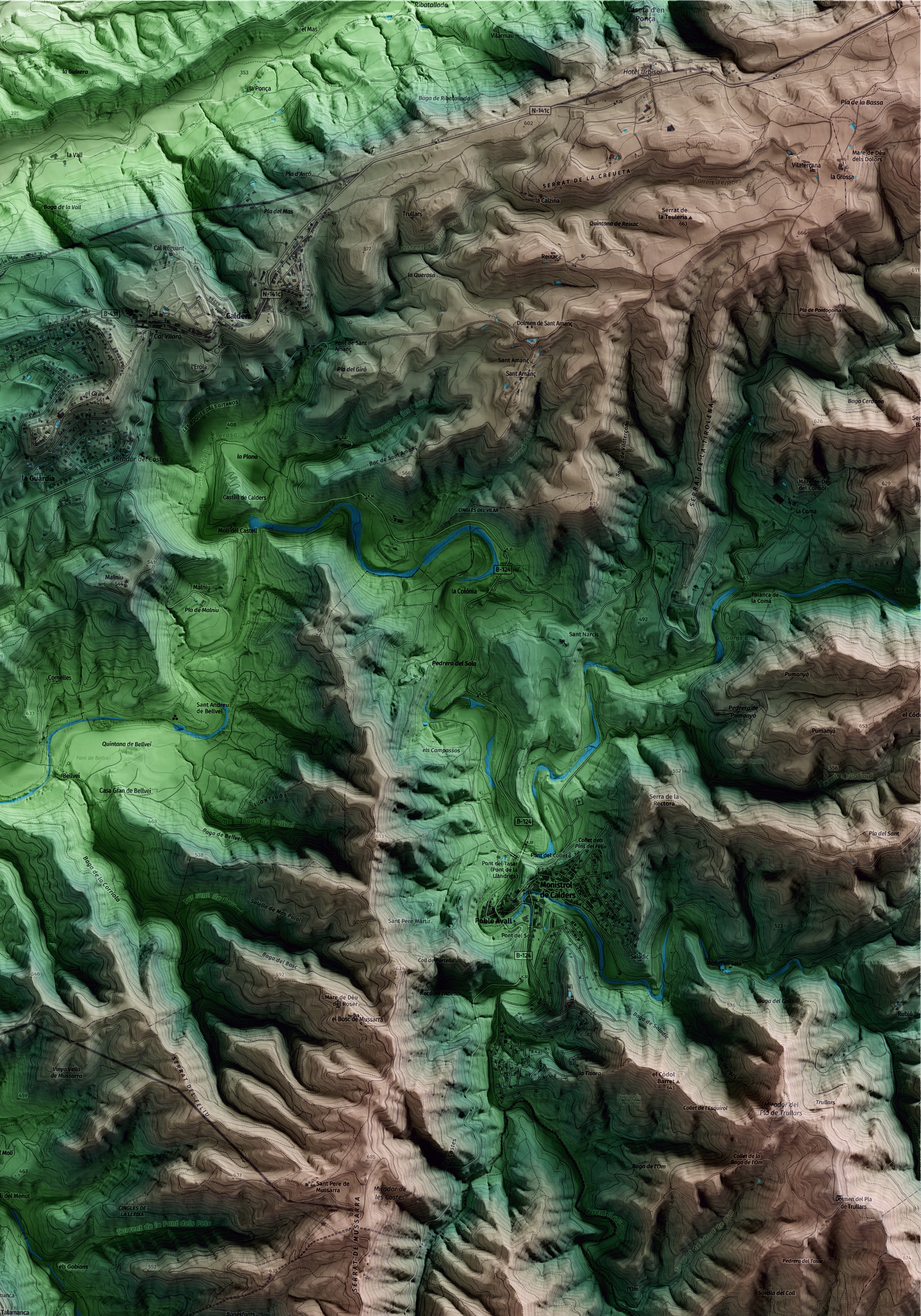 Mapa artístico del relieve de Talamanca, al Bages, con 15 km de entorno y base topográfica ICGC. Detalle de la zona superior derecha.