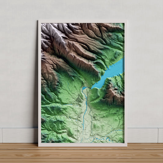 Mapa artístico del relieve de Talarn, al Pallars Jussà, con 15 km de entorno y base topográfica ICGC. Presentación enmarcada.