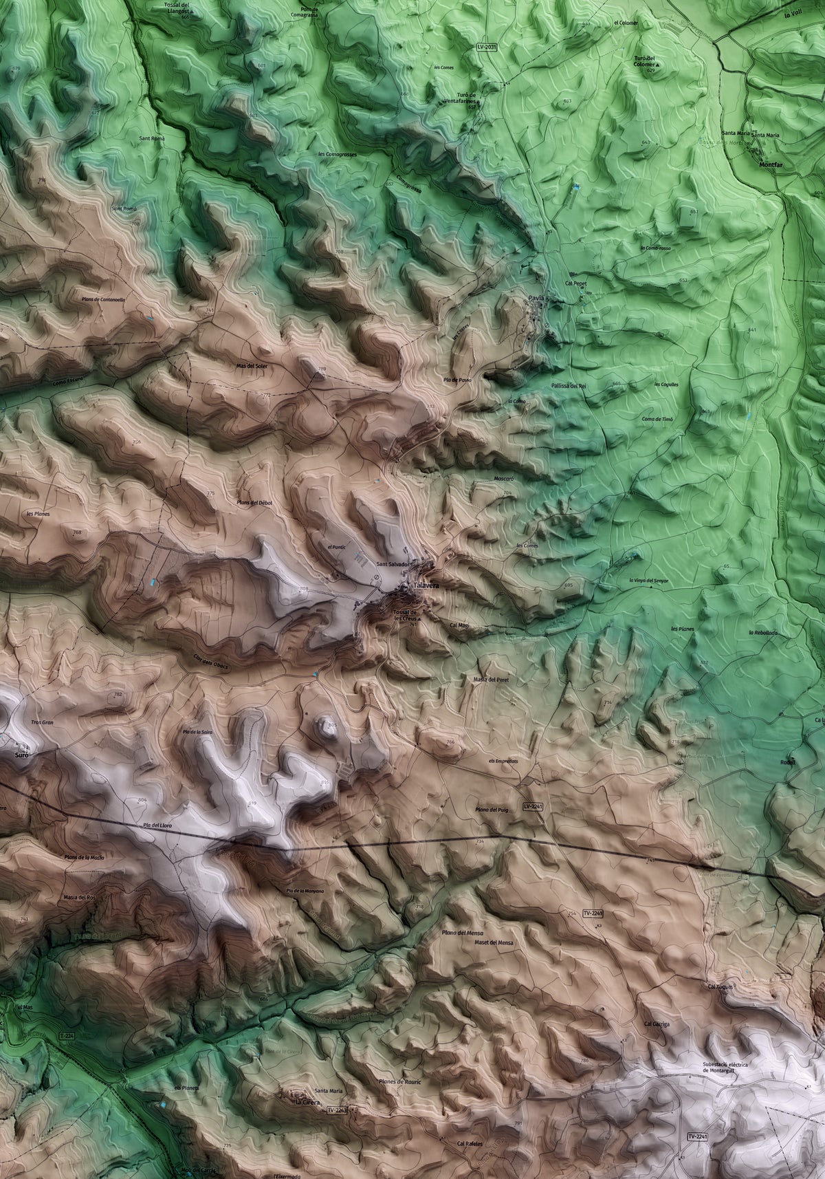 Mapa artístico del relieve de Talavera, a la Segarra, con 15 km de entorno y base topográfica ICGC. Detalle de la zona central.