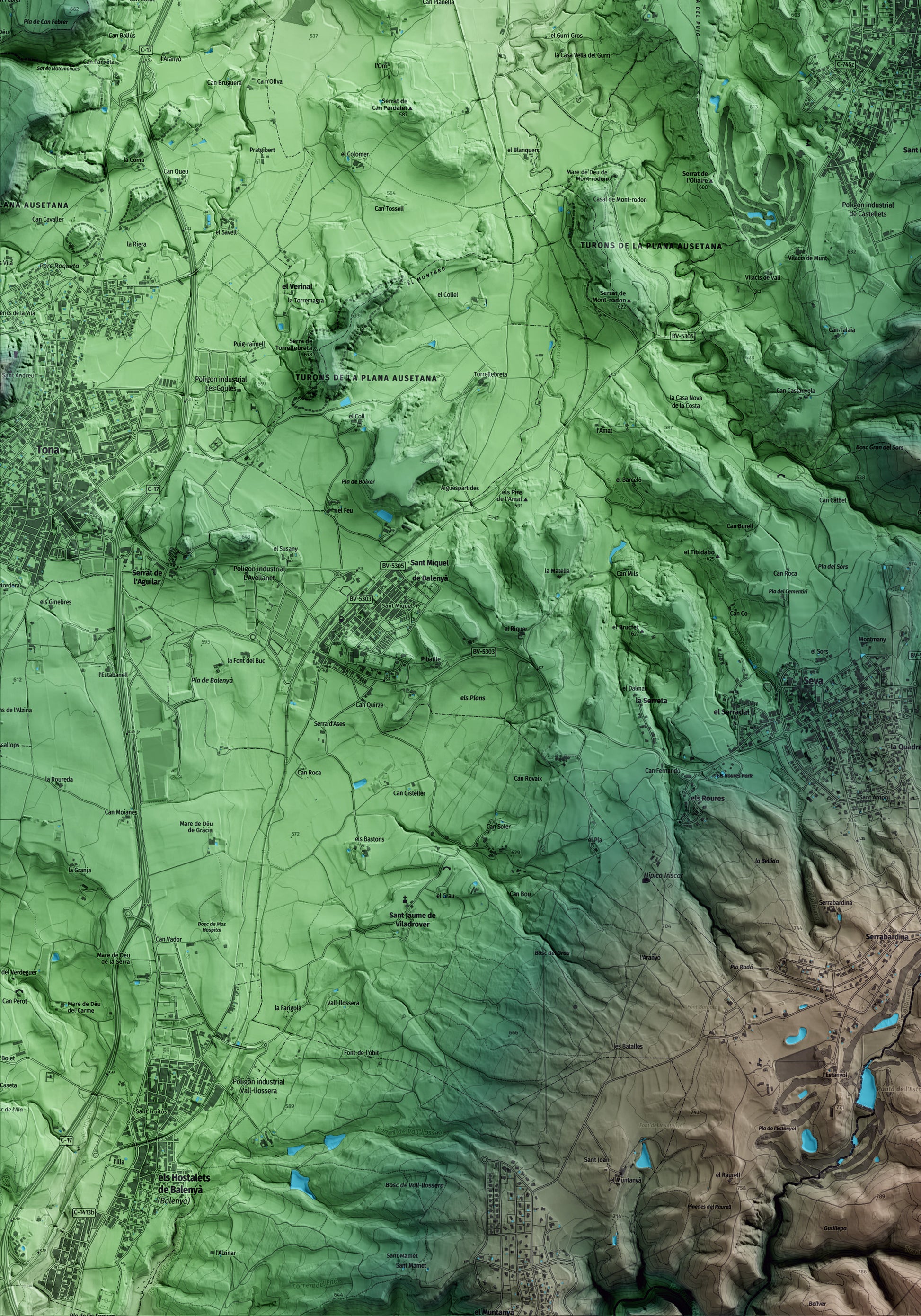 Mapa artístico del relieve de Taradell, a Osona, con 15 km de entorno y base topográfica ICGC. Detalle de la zona inferior izquierda.