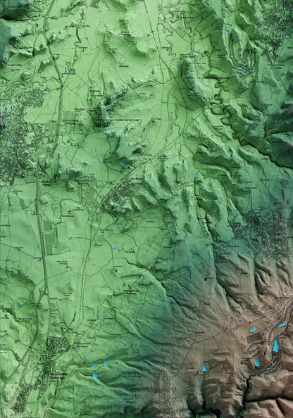 Mapa artístico del relieve de Taradell, a Osona, con 15 km de entorno y base topográfica ICGC. Detalle de la zona inferior izquierda.