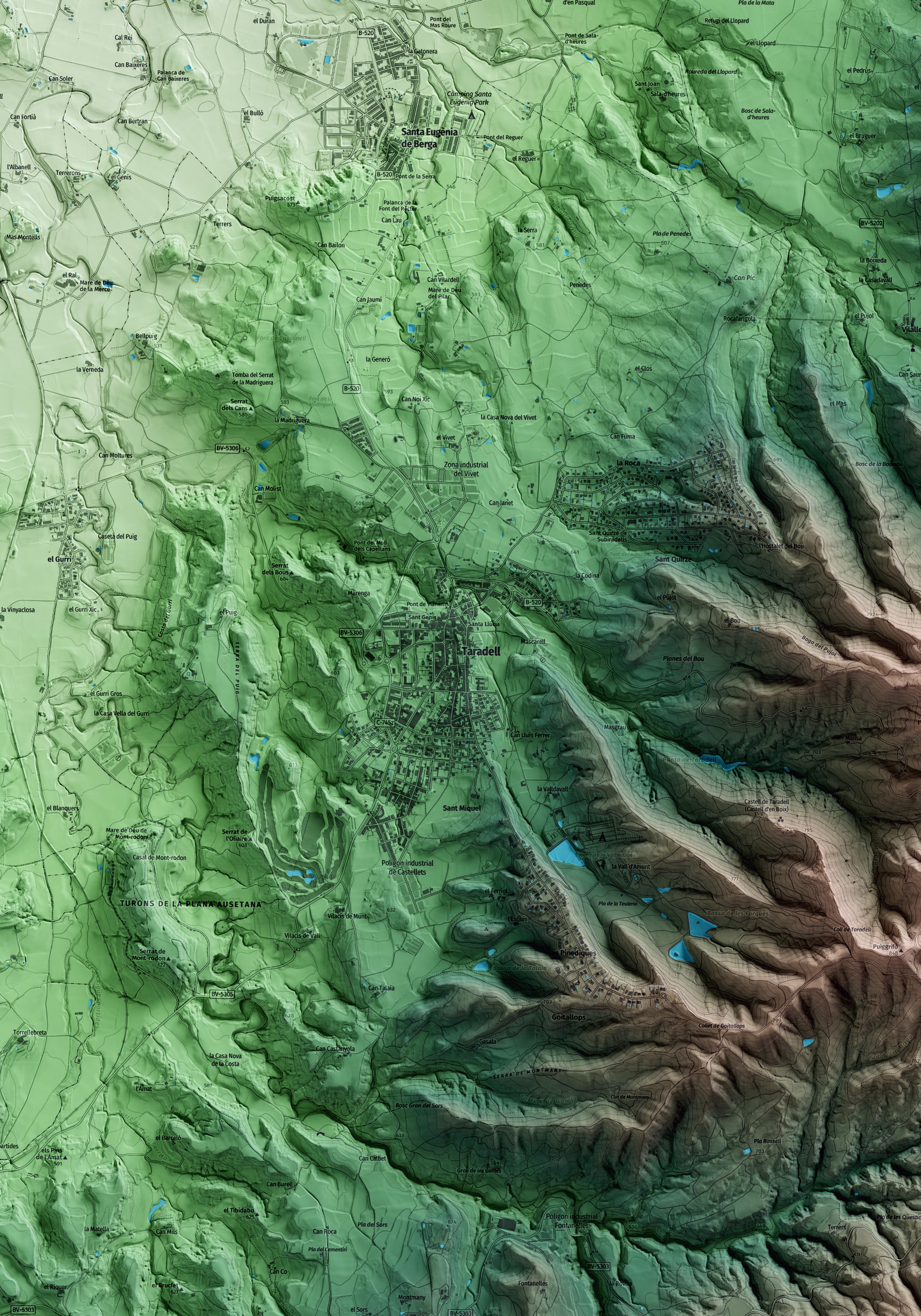 Mapa artístico del relieve de Taradell, a Osona, con 15 km de entorno y base topográfica ICGC. Detalle de la zona central.