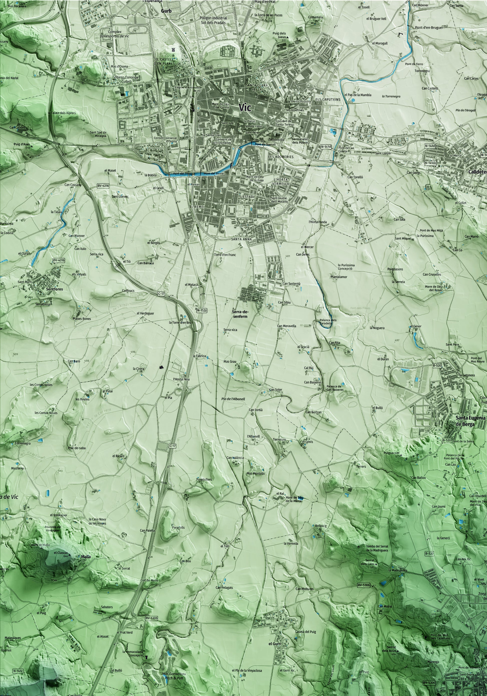 Mapa artístico del relieve de Taradell, a Osona, con 15 km de entorno y base topográfica ICGC. Detalle de la zona superior izquierda.