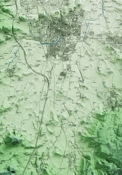 Mapa artístico del relieve de Taradell, a Osona, con 15 km de entorno y base topográfica ICGC. Detalle de la zona superior izquierda.
