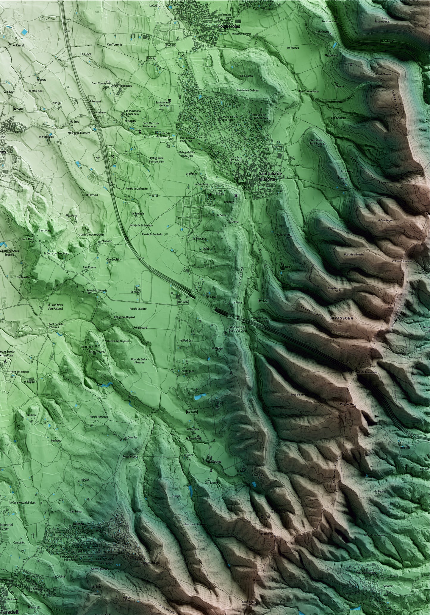 Mapa artístico del relieve de Taradell, a Osona, con 15 km de entorno y base topográfica ICGC. Detalle de la zona superior derecha.